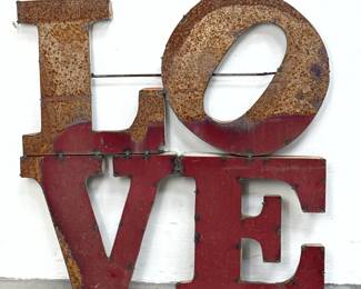 Lot 1029 Industrial Metal LOVE Wall Sculpture with Oxidized Patina and Red Finish.