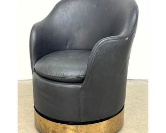 Lot 1081 Mid Century Modern Swivel Tub Chair in Black Leather with Brass Plinth Base and Casters