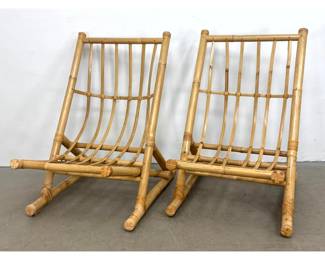 Lot 1082 Pair of Vintage Bamboo and Rattan Sling Style Lounge Chairs with Split Bamboo Slats
