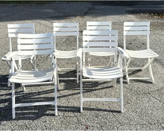 Lot 1248 Set 6 Tricomfort White Outdoor Folding Chairs, Two Armchairs, 4 Side Chairs, Made in France, 1980 s