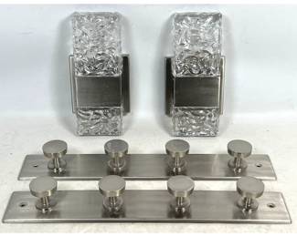 Lot 1185 2 modern Brushed Nickel and Ice Glass Wall Sconces and 2 matching Hook Racks