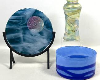Lot 829 3pc Studio Art Glass lot featuring Iridescent Vase, Fused Glass Plaque, and Wrapped Bowl. One marked