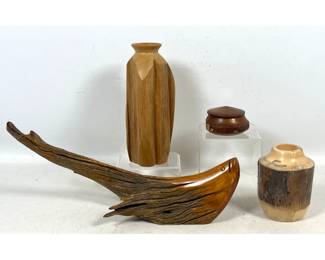 Lot 1170 4pcs Decorative Hand Crafted Wood Objects including Spinning Aspen Studios Vase and George Burt Ceda