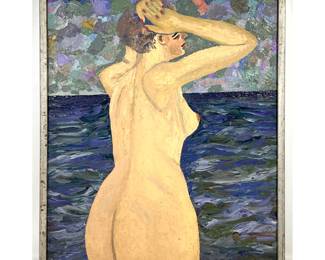 Lot 831 Clement Trofimenko Oil on Board Painting of a Nude Bather at Sea. Signed.