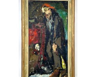 Lot 832 C LAGANA Mid Century Expressionist Oil Painting. Man wearing red Bandana, holding cane. Canvas title