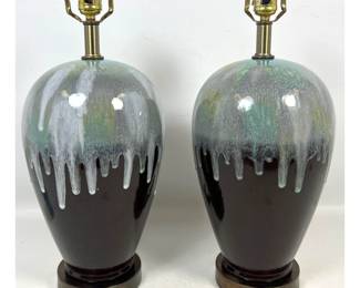 Lot 1131 Pr Mid Century Modern Ceramic Drip Glaze Table Lamps with Brown and Teal Lava Glaze and Brass Finish