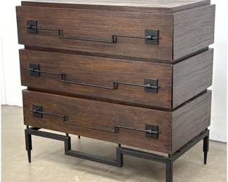 Lot 744 Global Views Scratch 3 Drawer Mango Wood Chest with Brutalist Style Hardware and Metal Base