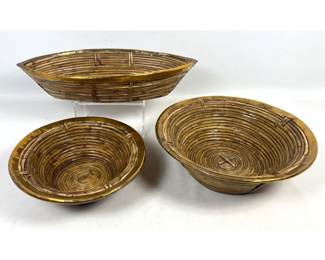Lot 799 3pc set of woven rattan and polished brass decorative bowls in the mid century modern style includin