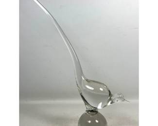 Lot 855 26 Tall Clear Hand Blown Art Glass Bird. Long Tail. No marks.