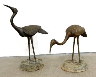 Lot 1249 Pair of Patinated Cast Brass Wading Bird Garden Sculptures Depicting Cranes on Textured Bases