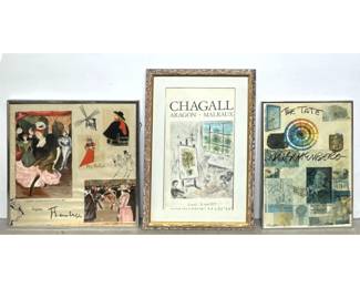 Lot 964 3pc Lot Framed Exhibition Posters including Signed Marc Chagall, Robert Rauschenberg at The Tate, an
