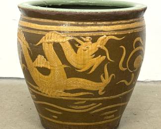 Lot 1264 Large Glazed Stoneware Dragon Egg Pot Planter with Ochre Slip Decoration and Celadon Interior