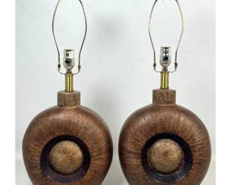 Lot 1111 Pair Brutalist Ceramic Table Lamps with Recessed Medallion and Metallic Glaze. Incised C4515.