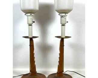 Lot 728 Pair of Mid Century Modern Carved Wood and Brass Ratchet Table Lamps with Ribbed Glass Shades