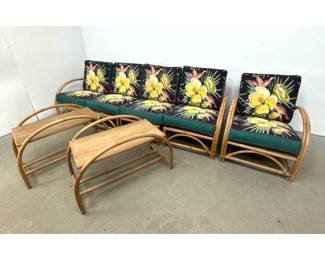 Lot 1205 7pc Mid Century Modern Tropical Rattan Modular Sectional Sofa Armchair and Side Tables Set. Colorful