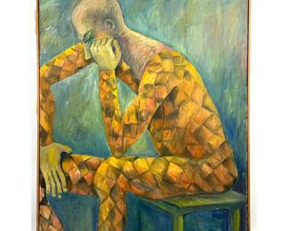 Lot 861 T. Weiman Expressionist Oil Painting on Canvas. Seated Pensive Harlequin Figure. Signed and Dated Ma