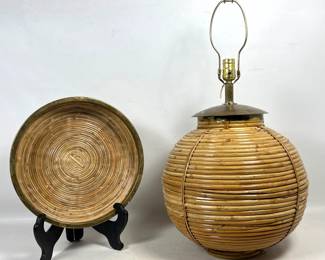 Lot 837 2pcs Brass and Pencil Rattan in Gabriella Crespi Style. Table Lamp and Bowl.