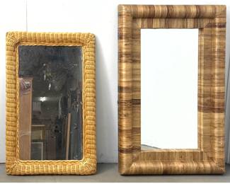 Lot 1050 2 Pc Rattan Grasscloth Wrapped Wall Mirror. Miami Modern Coastal style, wood backing.