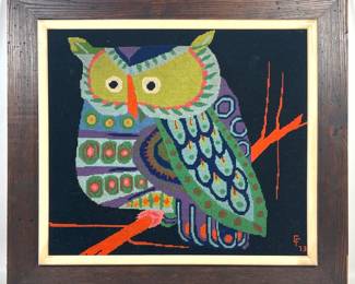 Lot 836 Large CHRISTA F FREUND Stylized Owl Needlepoint Art. Colorful Creature Hand Worked Wool on Canvas. S
