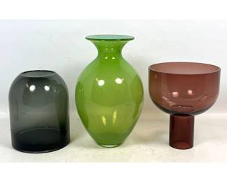 Lot 856 3pc Modernist hand Blown Art Glass including Cloudnola Smokey Gray Vessel and Cased Lime Green Vase