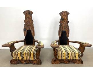 Lot 913 Pair Large WITCO Throne Chairs. Large Scale Hand Carved Tiki Throne Armchairs Mesoamerican Style