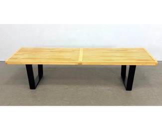 Lot 1123 Nelson inspired Modernist Slat Bench. Ebonized Frame Bases.