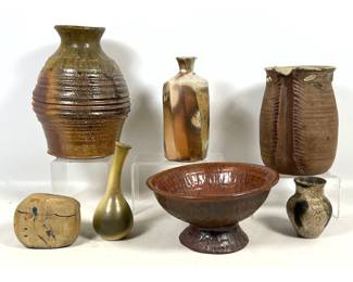 Lot 1178 Assortment of 7pc Studio Pottery including Jerry Middour stoneware vase, bud vases, lidded box, and
