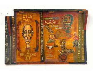 Lot 938 Outsider Artist Mixed Media NeoExpressionist Oil on Found Object Plywood Painting, Wall Hanging, Fo