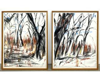 Lot 1001 Pair of Large V. George Expressionist Landscape Drawings on Paper. Charcoal and Pastel. Signed and D