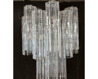 Lot 989 Tiered Murano Glass Chandelier . Textured Scalloped Glass Tubes. Two Tiered Silver Metal Frame