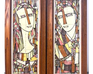 Lot 701 Pair of Harris G. Strong MidCentury Modern Cubist Female Portrait Ceramic Tile Plaques in Oak Frame