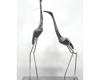 Lot 914 Pr Mid Century Modern C. Jere Polished Aluminum Sculpture of Two Cranes. Black Plinth Base with Refl