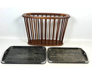 Lot 1174 3pcs Arthur Umanoff Walnut Magazine Rack and Cerused Oak Serving Trays