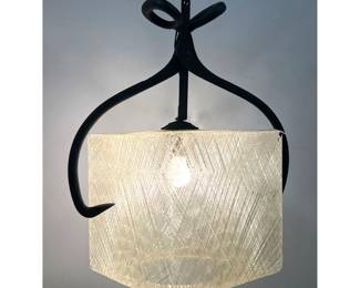 Lot 780 Decorator Mid Century Modern Swag Pendant Chandelier with Black Forged Iron Ice Tong Hanger and Squa