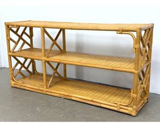 Lot 1124 Mid Century Modern 3 Tier Rattan and Wicker Console Shelf. Unsigned.
