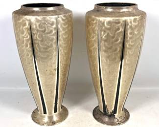 Lot 764 Pr Art Deco WMF Ikora Silver Plated Vases. Vertical Black Spike Details. Stamped Germany.