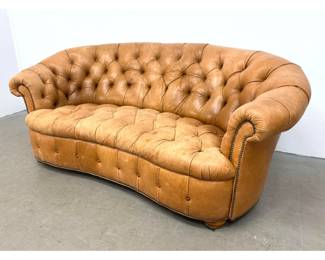 Lot 1218 Curved tan leather Chesterfield kidney sofa Couch featuring deep diamond button tufting and brass to