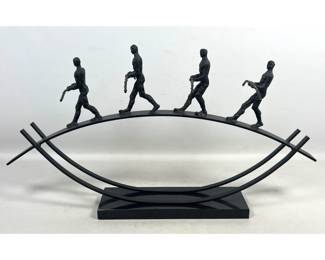 Lot 828 GLOBAL VIEWS Contemporary Cast Metal 4 Tightrope Walker Sculpture. Balancing Act. Black Stone Plinth