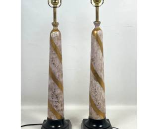 Lot 1134 Pr Tall Cylindrical Table Lamps. Textured Brushstroke Finish Highlighted in Gold. Spiral Gold Ribb