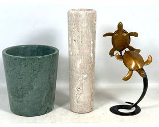 Lot 1180 3pc Lot featuring SPI San Francisco Bronze Sea Turtle Sculpture and 2 Stone Vessels