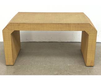 Lot 1107 Springer style Postmodern Waterfall Coffee Table. Chamfered Edges. Woven Faux Rattan Finish. Moderni