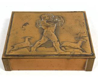 Lot 802 Rockwell Kent Art Deco Copper Bacchus Cigarette Box featuring Figure with Grapes and Leaping Goats.