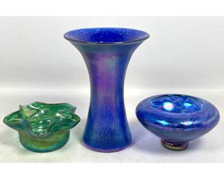 Lot 808 3pc Lot of Signed American Studio Art Glass Including Rosetree New Orleans Ruffled Bowl and Wheaton