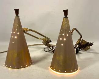 Lot 739 Pair MidCentury Modern Perforated Cone Shade Brass SwingArm Wall Headboard Lamps