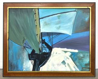 Lot 985 Mid Century Modern Nautical Abstract Painting. Unusual Perspective of Sailboat. In Gilt Lined Wooden
