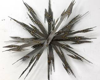 Lot 1096 Large Brutalist Metal Sunburst Wall Sculpture. Steel Rods and Brass Brazing. Mid Century Modern Styl