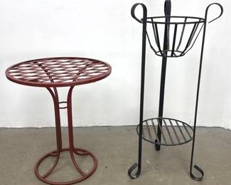 Lot 1247 2pc lot Wrought Iron Garden Furniture including Red Bistro and Black 2 Tier Plant Stand