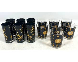 Lot 1193 12pc Set Mid Century Modern Black and Gold Glassware. 6 Tall Glasses feature Josephine Baker style d