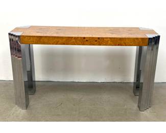 Lot 758 Milo Baughman Burl wood and Chrome Console Table. Stepped angled legs.