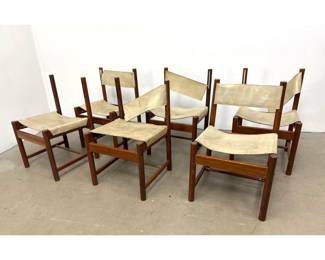 Lot 1214 Set 6 Michel Arnoult Imbuia wood and leather Alagoas side chairs. Produced in Brazil by Forene S.A.